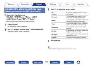 Adjusting the picture quality for your
viewing environment (Picture Mode)
n Supported input sources :
CBL/SAT / DVD / Blu-ray / Game / AUX1 /
AUX2 / Media Player / CDz / TV Audioz
zYou can set the picture mode when an HDMI is assigned.
1 Press OPTION.
An option menu screen is displayed.
2 Use ui to select “Picture Mode”, then press ENTER.
The “Picture Mode” screen is displayed.
3 Use o p to select the picture mode.
Off
(Default):
No picture quality adjustment is done
with this unit.
Standard:
The standard mode suited for most
living room viewing environments.
Movie:
A mode suited for watching movies in a
dark room such as a theater room.
Vivid:
A mode that makes graphic images for
games, etc. brighter and more vivid.
Streaming:
A mode suited for low bit rate video
sources.
ISF Day:
A mode suited for watching movies in a
bright room during the day.
ISF Night:
A mode suited for watching movies in a
dark room at night.
Custom: Adjusts the picture quality manually.
4 Press ENTER.
0 “Picture Mode” settings are stored for each input source.
Contents Connections Playback Settings Tips Appendix
110
Front panel Display Rear panel Remote Index
 
