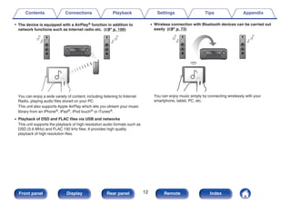 0 The device is equipped with a AirPlay® function in addition to
network functions such as Internet radio etc. (v p. 100)
.
You can enjoy a wide variety of content, including listening to Internet
Radio, playing audio files stored on your PC.
This unit also supports Apple AirPlay which lets you stream your music
library from an iPhone®, iPad®, iPod touch® or iTunes®.
0 Playback of DSD and FLAC files via USB and networks
This unit supports the playback of high resolution audio formats such as
DSD (5.6 MHz) and FLAC 192 kHz files. It provides high quality
playback of high resolution files.
0 Wireless connection with Bluetooth devices can be carried out
easily (v p. 73)
.
You can enjoy music simply by connecting wirelessly with your
smartphone, tablet, PC, etc.
Contents Connections Playback Settings Tips Appendix
12
Front panel Display Rear panel Remote Index
 