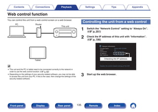 Web control function
You can control this unit from a web control screen on a web browser.
.
Tablet
This unit
Router
PC
0 This unit and the PC or tablet need to be connected correctly to the network in
order to use the web control function. (v p. 62)
0 Depending on the settings of your security-related software, you may not be able
to access this unit from your PC. If this is the case, then change the settings of the
security-related software.
Controlling the unit from a web control
1 Switch the “Network Control” setting to “Always On”.
(v p. 201)
2 Check the IP address of this unit with “Information”.
(v p. 196)
.
Network/Information
Friendly Name
DHCP
IP Address
MAC Address
Displays the current network settings of the AVR
Denon AVR-X2500H
On
192.168.100.19
Connection Wired (Ethernet)
zzzzzz-000000
Checking the IP address.
3 Start up the web browser.
Contents Connections Playback Settings Tips Appendix
135
Front panel Display Rear panel Remote Index
 