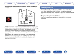 0 HEOS provides streaming music from your favorite online music
sources
.
HEOS wireless multi-room sound system that enables you to enjoy your
favorite music anywhere and everywhere around your home. By utilizing
your existing home network and the HEOS App (available for iOS,
Android and Amazon devices), you can explore, browse, and play
music from your own music library or from many online streaming music
services.
When multiple HEOS devices are connected to the same network,
HEOS devices can be grouped to play back the same music on all
devices simultaneously, or different music can be played on each
separate HEOS device.
Easy operation
0 “Setup Assistant” provides easy-to-follow setup instructions
First select the language when prompted. Then simply follow the
instructions displayed on the TV screen to set up the speakers, network,
etc.
0 Easy to use Graphical User Interface
This unit is equipped with a Graphical User Interface for improved
operability.
Contents Connections Playback Settings Tips Appendix
14
Front panel Display Rear panel Remote Index
 