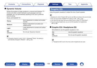 o Dynamic Volume
Solves the problem of large variations in volume level between TV,
movies and other content (between quiet passages and loud
passages, etc.) by automatically adjusting to the user’s preferred
volume setting.
Works with MultEQ® XT.
Heavy:
Most adjustment to softest and loudest
sounds.
Medium:
Medium adjustment to loudest and
softest sound.
Light:
Least adjustment to loudest and softest
sounds.
Off
(Default):
Do not use “Dynamic Volume”.
0 If “Dynamic Volume” is set to “Yes” in “Audyssey® Setup”, the setting is
automatically changed to “Medium”. (v p. 175)
Graphic EQ
Uses the graphic equalizer to adjust the tone of each speaker.
0 Speakers for which “Graphic EQ” can be set differ according to the sound mode.
0 This can be set when “MultEQ® XT” setting is “Off”. (v p. 154)
0 This cannot be set when the sound mode is set to “Direct” or “Pure Direct”.
0 If you are using headphones, you can set the equalizer for headphones.
(v p. 156)
o Graphic EQ / Headphone EQ
Set whether to use the graphic equalizer or not.
On: Use the graphic equalizer.
Off
(Default):
Do not use the graphic equalizer.
0 “Headphone EQ” is set in the menu when headphones are used.
Contents Connections Playback Settings Tips Appendix
156
Front panel Display Rear panel Remote Index
 