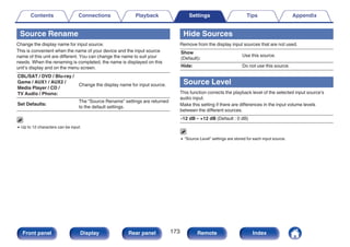 Source Rename
Change the display name for input source.
This is convenient when the name of your device and the input source
name of this unit are different. You can change the name to suit your
needs. When the renaming is completed, the name is displayed on this
unit’s display and on the menu screen.
CBL/SAT / DVD / Blu-ray /
Game / AUX1 / AUX2 /
Media Player / CD /
TV Audio / Phono:
Change the display name for input source.
Set Defaults:
The “Source Rename” settings are returned
to the default settings.
0 Up to 12 characters can be input.
Hide Sources
Remove from the display input sources that are not used.
Show
(Default):
Use this source.
Hide: Do not use this source.
Source Level
This function corrects the playback level of the selected input source’s
audio input.
Make this setting if there are differences in the input volume levels
between the different sources.
-12 dB – +12 dB (Default : 0 dB)
0 “Source Level” settings are stored for each input source.
Contents Connections Playback Settings Tips Appendix
173
Front panel Display Rear panel Remote Index
 