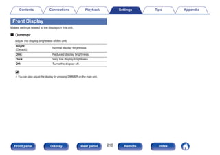 Front Display
Makes settings related to the display on this unit.
o Dimmer
Adjust the display brightness of this unit.
Bright
(Default):
Normal display brightness.
Dim: Reduced display brightness.
Dark: Very low display brightness.
Off: Turns the display off.
0 You can also adjust the display by pressing DIMMER on the main unit.
Contents Connections Playback Settings Tips Appendix
210
Front panel Display Rear panel Remote Index
 