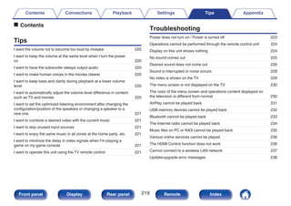 o Contents
Tips
I want the volume not to become too loud by mistake 220
I want to keep the volume at the same level when I turn the power
on 220
I want to have the subwoofer always output audio 220
I want to make human voices in the movies clearer 220
I want to keep bass and clarity during playback at a lower volume
level 220
I want to automatically adjust the volume level difference in content
such as TV and movies 220
I want to set the optimized listening environment after changing the
configuration/position of the speakers or changing a speaker to a
new one 221
I want to combine a desired video with the current music 221
I want to skip unused input sources 221
I want to enjoy the same music in all zones at the home party, etc. 221
I want to minimize the delay in video signals when I’m playing a
game on my game console 221
I want to operate this unit using the TV remote control 221
Troubleshooting
Power does not turn on / Power is turned off 223
Operations cannot be performed through the remote control unit 224
Display on this unit shows nothing 224
No sound comes out 225
Desired sound does not come out 226
Sound is interrupted or noise occurs 228
No video is shown on the TV 229
The menu screen is not displayed on the TV 230
The color of the menu screen and operations content displayed on
the television is different from normal 230
AirPlay cannot be played back 231
USB memory devices cannot be played back 232
Bluetooth cannot be played back 233
The Internet radio cannot be played back 234
Music files on PC or NAS cannot be played back 235
Various online services cannot be played 236
The HDMI Control function does not work 236
Cannot connect to a wireless LAN network 237
Update/upgrade error messages 238
Contents Connections Playback Settings Tips Appendix
219
Front panel Display Rear panel Remote Index
 