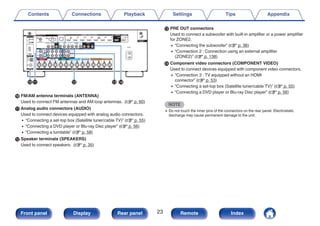 .
Q0Q11 Q2 Q3 Q4
J FM/AM antenna terminals (ANTENNA)
Used to connect FM antennas and AM loop antennas. (v p. 60)
K Analog audio connectors (AUDIO)
Used to connect devices equipped with analog audio connectors.
0 “Connecting a set-top box (Satellite tuner/cable TV)” (v p. 55)
0 “Connecting a DVD player or Blu-ray Disc player” (v p. 56)
0 “Connecting a turntable” (v p. 58)
L Speaker terminals (SPEAKERS)
Used to connect speakers. (v p. 35)
M PRE OUT connectors
Used to connect a subwoofer with built-in amplifier or a power amplifier
for ZONE2.
0 “Connecting the subwoofer” (v p. 36)
0 “Connection 2 : Connection using an external amplifier
(ZONE2)” (v p. 138)
N Component video connectors (COMPONENT VIDEO)
Used to connect devices equipped with component video connectors.
0 “Connection 3 : TV equipped without an HDMI
connector” (v p. 53)
0 “Connecting a set-top box (Satellite tuner/cable TV)” (v p. 55)
0 “Connecting a DVD player or Blu-ray Disc player” (v p. 56)
NOTE
0 Do not touch the inner pins of the connectors on the rear panel. Electrostatic
discharge may cause permanent damage to the unit.
Contents Connections Playback Settings Tips Appendix
23
Front panel Display Rear panel Remote Index
 