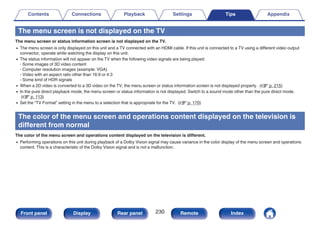 The menu screen is not displayed on the TV
The menu screen or status information screen is not displayed on the TV.
0 The menu screen is only displayed on this unit and a TV connected with an HDMI cable. If this unit is connected to a TV using a different video output
connector, operate while watching the display on this unit.
0 The status information will not appear on the TV when the following video signals are being played.
- Some images of 3D video content
- Computer resolution images (example: VGA)
- Video with an aspect ratio other than 16:9 or 4:3
- Some kind of HDR signals
0 When a 2D video is converted to a 3D video on the TV, the menu screen or status information screen is not displayed properly. (v p. 215)
0 In the pure direct playback mode, the menu screen or status information is not displayed. Switch to a sound mode other than the pure direct mode.
(v p. 113)
0 Set the “TV Format” setting in the menu to a selection that is appropriate for the TV. (v p. 170)
The color of the menu screen and operations content displayed on the television is
different from normal
The color of the menu screen and operations content displayed on the television is different.
0 Performing operations on this unit during playback of a Dolby Vision signal may cause variance in the color display of the menu screen and operations
content. This is a characteristic of the Dolby Vision signal and is not a malfunction.
Contents Connections Playback Settings Tips Appendix
230
Front panel Display Rear panel Remote Index
 