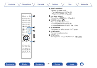 M POWER button (X)
This turns the power on/off.
0 “Turning the power on” (v p. 67)
0 “Playback in ZONE2” (v p. 139)
N ECO Mode button (G)
This switches to ECO Mode. (v p. 204)
O VOLUME buttons (df)
These adjusts the volume level.
0 “Adjusting the volume” (v p. 68)
0 “Adjusting the volume (ZONE2)” (v p. 140)
P OPTION button
This displays the option menu on the TV screen.
Q ENTER button
This determines the selection.
R SETUP button
This displays the menu on the TV screen. (v p. 145)
Q3
Q5
Q4
Q8
Q6
Q7
Contents Connections Playback Settings Tips Appendix
26
Front panel Display Rear panel Remote Index
 