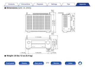 o Dimensions (Unit : in. (mm))
.
5
7/8
(148)
1 7/8 (45)
13 5/8 (344)
1 7/8 (45)
6
5/8
(167)
17 1/8 (434)
3/4
(19)
3/4
(19)
11
3/8
(288)
1
3/8
(34)
13
1/2
(341)
2
1/4
(57)
6
1/2
(165)
3
5/8
(91)
9
3/8
(237)
2 3/8
(60)
o Weight: 20 lbs 12 oz (9.4 kg)
Contents Connections Playback Settings Tips Appendix
273
Front panel Display Rear panel Remote Index
 