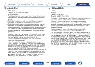 n pstdint.h-0.1.12
0 BSD License:
0 Copyright (c) 2005-2011 Paul Hsieh
0 All rights reserved.
0 Redistribution and use in source and binary forms, with or without
modification, are permitted provided that the following conditions
are met:
1. Redistributions of source code must retain the above copyright
notice, this list of conditions and the following disclaimer.
2. Redistributions in binary form must reproduce the above copyright
notice, this list of conditions and the following disclaimer in the
documentation and/or other materials provided with the distribution.
3. The name of the author may not be used to endorse or promote
products derived from this software without specific prior written
permission.
0 THIS SOFTWARE IS PROVIDED BY THE AUTHOR “AS IS” AND
ANY EXPRESS OR IMPLIED WARRANTIES, INCLUDING, BUT
NOT LIMITED TO, THE IMPLIED WARRANTIES OF
MERCHANTABILITY AND FITNESS FOR A PARTICULAR
PURPOSE ARE DISCLAIMED.
0 IN NO EVENT SHALL THE AUTHOR BE LIABLE FOR ANY
DIRECT, INDIRECT, INCIDENTAL, SPECIAL, EXEMPLARY, OR
CONSEQUENTIAL DAMAGES (INCLUDING, BUT NOT LIMITED
TO, PROCUREMENT OF SUBSTITUTE GOODS OR SERVICES;
LOSS OF USE, DATA, OR PROFITS; OR BUSINESS
INTERRUPTION) HOWEVER CAUSED AND ON ANY THEORY OF
LIABILITY, WHETHER IN CONTRACT, STRICT LIABILITY, OR
TORT (INCLUDING NEGLIGENCE OR OTHERWISE) ARISING IN
ANY WAY OUT OF THE USE OF THIS SOFTWARE, EVEN IF
ADVISED OF THE POSSIBILITY OF SUCH DAMAGE.
n rl78flash 2000.3.1
License
=======
The MIT License (MIT)
Copyright (c) 2012 Maxim Salov
Permission is hereby granted, free of charge, to any person obtaining a
copy of this software and associated documentation files (the
“Software”), to deal in the Software without restriction, including
without limitation the rights to use, copy, modify, merge, publish,
distribute, sublicense, and/or sell copies of the Software, and to permit
persons to whom the Software is furnished to do so, subject to the
following conditions:
The above copyright notice and this permission notice shall be
included in all copies or substantial portions of the Software.
THE SOFTWARE IS PROVIDED “AS IS”, WITHOUT WARRANTY OF
ANY KIND, EXPRESS OR IMPLIED, INCLUDING BUT NOT LIMITED
TO THE WARRANTIES OF MERCHANTABILITY, FITNESS FOR A
PARTICULAR PURPOSE AND NONINFRINGEMENT. IN NO EVENT
SHALL THE AUTHORS OR COPYRIGHT HOLDERS BE LIABLE FOR
ANY CLAIM, DAMAGES OR OTHER LIABILITY, WHETHER IN AN
ACTION OF CONTRACT, TORT OR OTHERWISE, ARISING FROM,
OUT OF OR IN CONNECTION WITH THE SOFTWARE OR THE USE
OR OTHER DEALINGS IN THE SOFTWARE.
Contents Connections Playback Settings Tips Appendix
284
Front panel Display Rear panel Remote Index
 