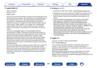 n sqlite 2003.5.7
SQLite Copyright
SQLite is in the
Public Domain
All of the code and documentation in SQLite has been dedicated to the
public domain by the authors. All code authors, and representatives of
the companies they work for, have signed affidavits dedicating their
contributions to the public domain and originals of those signed
affidavits are stored in a firesafe at the main offices of Hwaci. Anyone
is free to copy, modify, publish, use, compile, sell, or distribute the
original SQLite code, either in source code form or as a compiled
binary, for any purpose, commercial or non-commercial, and by any
means.
The previous paragraph applies to the deliverable code and
documentation in SQLite - those parts of the SQLite library that you
actually bundle and ship with a larger application. Some scripts used
as part of the build process (for example the “configure” scripts
generated by autoconf) might fall under other open-source licenses.
Nothing from these build scripts ever reaches the final deliverable
SQLite library, however, and so the licenses associated with those
scripts should not be a factor in assessing your rights to copy and use
the SQLite library.
All of the deliverable code in SQLite has been written from scratch. No
code has been taken from other projects or from the open internet.
Every line of code can be traced back to its original author, and all of
those authors have public domain dedications on file. So the SQLite
code base is clean and is uncontaminated with licensed code from
other projects.
n strlcpy.c , v1.11
0 Copyright (c) 1998 Todd C. Miller Todd.Miller@courtesan.com
0 Permission to use, copy, modify, and distribute this software for any
purpose with or without fee is hereby granted, provided that the
above copyright notice and this permission notice appear in all
copies.
0 THE SOFTWARE IS PROVIDED “AS IS” AND THE AUTHOR
DISCLAIMS ALL WARRANTIES WITH REGARD TO THIS
SOFTWARE INCLUDING ALL IMPLIED WARRANTIES OF
MERCHANTABILITY AND FITNESS. IN NO EVENT SHALL THE
AUTHOR BE LIABLE FOR ANY SPECIAL, DIRECT, INDIRECT, OR
CONSEQUENTIAL DAMAGES OR ANY DAMAGES
WHATSOEVER RESULTING FROM LOSS OF USE, DATA OR
PROFITS, WHETHER IN AN ACTION OF CONTRACT,
NEGLIGENCE OR OTHER TORTIOUS ACTION, ARISING OUT OF
OR IN CONNECTION WITH THE USE OR PERFORMANCE OF
THIS SOFTWARE.
n taglib-1.5
copyright : (C) 2002 - 2008 by Scott Wheeler
email : wheeler@kde.org
“The contents of this file are subject to the Mozilla Public License
Version 1.1 (the “License”); you may not use this file except in
compliance with the License. You may obtain a copy of the License at
http://www.mozilla.org/MPL/
Software distributed under the License is distributed on an “AS IS”
basis, WITHOUT WARRANTY OF ANY KIND, either express or
implied. See the License for the specific language governing rights and
limitations under the License.
Contents Connections Playback Settings Tips Appendix
285
Front panel Display Rear panel Remote Index
 