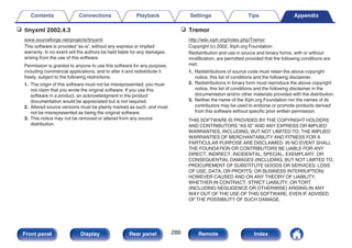 n tinyxml 2002.4.3
www.sourceforge.net/projects/tinyxml
This software is provided 'as-is', without any express or implied
warranty. In no event will the authors be held liable for any damages
arising from the use of this software.
Permission is granted to anyone to use this software for any purpose,
including commercial applications, and to alter it and redistribute it
freely, subject to the following restrictions:
1. The origin of this software must not be misrepresented; you must
not claim that you wrote the original software. If you use this
software in a product, an acknowledgment in the product
documentation would be appreciated but is not required.
2. Altered source versions must be plainly marked as such, and must
not be misrepresented as being the original software.
3. This notice may not be removed or altered from any source
distribution.
n Tremor
http://wiki.xiph.org/index.php/Tremor
Copyright (c) 2002, Xiph.org Foundation
Redistribution and use in source and binary forms, with or without
modification, are permitted provided that the following conditions are
met:
1. Redistributions of source code must retain the above copyright
notice, this list of conditions and the following disclaimer.
2. Redistributions in binary form must reproduce the above copyright
notice, this list of conditions and the following disclaimer in the
documentation and/or other materials provided with the distribution.
3. Neither the name of the Xiph.org Foundation nor the names of its
contributors may be used to endorse or promote products derived
from this software without specific prior written permission.
THIS SOFTWARE IS PROVIDED BY THE COPYRIGHT HOLDERS
AND CONTRIBUTORS “AS IS” AND ANY EXPRESS OR IMPLIED
WARRANTIES, INCLUDING, BUT NOT LIMITED TO, THE IMPLIED
WARRANTIES OF MERCHANTABILITY AND FITNESS FOR A
PARTICULAR PURPOSE ARE DISCLAIMED. IN NO EVENT SHALL
THE FOUNDATION OR CONTRIBUTORS BE LIABLE FOR ANY
DIRECT, INDIRECT, INCIDENTAL, SPECIAL, EXEMPLARY, OR
CONSEQUENTIAL DAMAGES (INCLUDING, BUT NOT LIMITED TO,
PROCUREMENT OF SUBSTITUTE GOODS OR SERVICES; LOSS
OF USE, DATA, OR PROFITS; OR BUSINESS INTERRUPTION)
HOWEVER CAUSED AND ON ANY THEORY OF LIABILITY,
WHETHER IN CONTRACT, STRICT LIABILITY, OR TORT
(INCLUDING NEGLIGENCE OR OTHERWISE) ARISING IN ANY
WAY OUT OF THE USE OF THIS SOFTWARE, EVEN IF ADVISED
OF THE POSSIBILITY OF SUCH DAMAGE.
Contents Connections Playback Settings Tips Appendix
286
Front panel Display Rear panel Remote Index
 