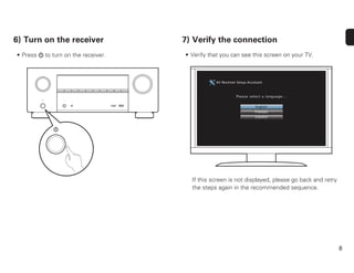 8
6) Turn on the receiver
• Press X to turn on the receiver.
7) Verify the connection
• Verify that you can see this screen on your TV.
AV Receiver Setup Assistant
Please select a language...
Español
Français
English
If this screen is not displayed, please go back and retry
the steps again in the recommended sequence.
 