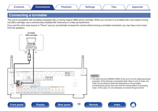 Connecting a turntable
This unit is compatible with turntables equipped with a moving magnet (MM) phono cartridge. When you connect to a turntable with a low output moving
coil (MC) cartridge, use a commercially available MC head amp or a step-up transformer.
If you set this unit’s input source to “Phono” and you accidentally increase the volume without having a turntable connected, you may hear a hum noise
from the speakers.
NOTE
0 The earth terminal (SIGNAL GND) of this unit is not for safety grounding
purposes. If this terminal is connected when there is a lot of noise, the
noise can be reduced. Note that depending on the turntable,
connecting the ground line may have the reverse effect of increasing
noise. In this case, it is not necessary to connect the ground line.
GND
AUDIO
OUT
L R
(MM cartridge)
Turntable
Contents Connections Playback Settings Tips Appendix
58
Front panel Display Rear panel Remote Index
 