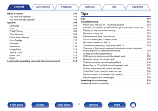 HEOS Account 203
You have not signed in 203
You have already signed in 203
General 204
Language 204
ECO 204
ZONE2 Setup 208
Zone Rename 209
Quick Select Names 209
Front Display 210
Firmware 211
Information 214
Usage Data 215
Save & Load 216
Setup Lock 216
Reset 217
Limiting the operating zone with the remote control 218
Tips
Tips 220
Troubleshooting 222
Power does not turn on / Power is turned off 223
Operations cannot be performed through the remote control unit 224
Display on this unit shows nothing 224
No sound comes out 225
Desired sound does not come out 226
Sound is interrupted or noise occurs 228
No video is shown on the TV 229
The menu screen is not displayed on the TV 230
The color of the menu screen and operations content displayed
on the television is different from normal 230
AirPlay cannot be played back 231
USB memory devices cannot be played back 232
Bluetooth cannot be played back 233
The Internet radio cannot be played back 234
Music files on PC or NAS cannot be played back 235
Various online services cannot be played 236
The HDMI Control function does not work 236
Cannot connect to a wireless LAN network 237
Update/upgrade error messages 238
Resetting factory settings 239
Resetting network settings 240
Contents Connections Playback Settings Tips Appendix
6
Front panel Display Rear panel Remote Index
 