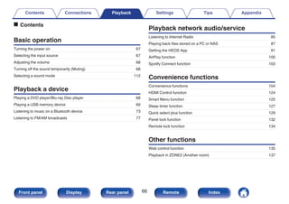 o Contents
Basic operation
Turning the power on 67
Selecting the input source 67
Adjusting the volume 68
Turning off the sound temporarily (Muting) 68
Selecting a sound mode 112
Playback a device
Playing a DVD player/Blu-ray Disc player 68
Playing a USB memory device 69
Listening to music on a Bluetooth device 73
Listening to FM/AM broadcasts 77
Playback network audio/service
Listening to Internet Radio 85
Playing back files stored on a PC or NAS 87
Getting the HEOS App 91
AirPlay function 100
Spotify Connect function 103
Convenience functions
Convenience functions 104
HDMI Control function 124
Smart Menu function 125
Sleep timer function 127
Quick select plus function 129
Panel lock function 132
Remote lock function 134
Other functions
Web control function 135
Playback in ZONE2 (Another room) 137
Contents Connections Playback Settings Tips Appendix
66
Front panel Display Rear panel Remote Index
 