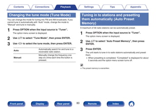Changing the tune mode (Tune Mode)
You can change the mode for tuning into FM and AM broadcasts. If you
cannot tune in automatically with “Auto” mode, change the mode to
“Manual” and tune in manually.
1 Press OPTION when the input source is “Tuner”.
The option menu screen is displayed.
2 Use ui to select “Tune Mode”, then press ENTER.
3 Use o p to select the tune mode, then press ENTER.
Auto:
Automatically search for and tune to a
receivable radio station.
Manual:
Manually change the frequency one
step at a time each time the button is
pressed.
Tuning in to stations and presetting
them automatically (Auto Preset
Memory)
A maximum of 56 radio stations can be automatically preset.
1 Press OPTION when the input source is “Tuner”.
The option menu screen is displayed.
2 Use ui to select “Auto Preset Memory”, then press
ENTER.
3 Press ENTER.
The unit starts to tune in to radio stations automatically and preset
them.
0 When presetting is completed, “Completed” is displayed for about
5 seconds and the option menu screen turns off.
0 The preset memory is overwritten.
Contents Connections Playback Settings Tips Appendix
80
Front panel Display Rear panel Remote Index
 