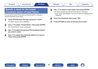 Specify a name for the preset
broadcast station (Preset Name)
You can set the name to the preset broadcast station or change it.
Up to 8 characters can be input.
1 Press OPTION when the input source is “Tuner”.
The option menu screen is displayed.
2 Use ui to select “Preset Name”, then press ENTER.
The “Preset Name” screen is displayed.
3 Use o p to select the group of the broadcast station
you want to name.
4 Use ui to select the broadcast station you want to
name, then press ENTER.
5 Use ui to select a name label, then press ENTER.
The screen that lets you edit the Preset Name is displayed.
0 If you select “Set Defaults”, then the unit returns to displaying the
frequency.
6 Enter the characters, then press “OK”.
7 Press OPTION to return to the previous screen.
Contents Connections Playback Settings Tips Appendix
82
Front panel Display Rear panel Remote Index
 
