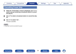 Cancelling Preset Skip
1 While the “Preset Skip” screen is displayed, use o p to
select a group containing a broadcast station to cancel
the skip for.
2 Use ui to select a broadcast station to cancel the skip
for.
3 Use o p to select “On”.
The skip is cancelled.
NOTE
0 “Preset Skip” cannot be cancelled for groups.
Contents Connections Playback Settings Tips Appendix
84
Front panel Display Rear panel Remote Index
 