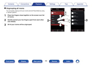 o Ungrouping all rooms
You can easily ungroup all of your rooms and exit Party Mode by using
a "spread" gesture.
1 Place two fingers close together on the screen over list
of rooms.
2 Quickly spread your two fingers apart from each other
and release.
3 All of your rooms will be ungrouped.
.
1
2 3
Song Name 1
Bedroom
Dining
Dining
Kitchen
Drag one room into another to group them
Rooms
Song Name 4
Song Name 3
Song Name 2
Song Name 1
Bedroom
Dining
Living
Kitchen
Drag one room into another to group them
Rooms
Living
Now Playing
Music
Rooms
Now Playing
Music
Rooms
Drag a room out of this group to ungroup it
Contents Connections Playback Settings Tips Appendix
99
Front panel Display Rear panel Remote Index
 