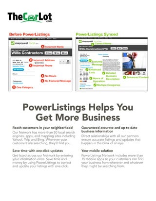 PowerListings Helps You
Get More Business
Reach customers in your neighborhood
Our Network has more than 50 local search
engines, apps, and mapping sites including
Yahoo!, Yelp and Bing. Wherever your
Save time with one-click updates
Get listed across our Network by entering
your information once. Save time and
money by using PowerListings to correct
and update your listings with one click.
Guaranteed accurate and up-to-date
business information
Direct relationships with all our partners
ensure accurate listings and updates that
happen in the blink of an eye.
Your mobile solution
PowerListings Network includes more than
your business from wherever and whatever
they might be searching from.
Your Logo
Here
 