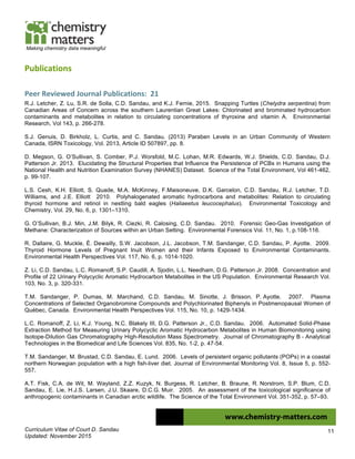 Curriculum Vitae of Court D. Sandau
Updated: November 2015
11
Making chemistry data meaningful
Publications	
  
Peer	
  Reviewed	
  Journal	
  Publications:	
  	
  21	
  
R.J. Letcher, Z. Lu, S.R. de Solla, C.D. Sandau, and K.J. Fernie, 2015. Snapping Turtles (Chelydra serpentina) from
Canadian Areas of Concern across the southern Laurentian Great Lakes: Chlorinated and brominated hydrocarbon
contaminants and metabolites in relation to circulating concentrations of thyroxine and vitamin A. Environmental
Research, Vol 143, p. 266-278.
S.J. Genuis, D. Birkholz, L. Curtis, and C. Sandau. (2013) Paraben Levels in an Urban Community of Western
Canada, ISRN Toxicology, Vol. 2013, Article ID 507897, pp. 8.
D. Megson, G. O’Sullivan, S. Comber, P.J. Worsfold, M.C. Lohan, M.R. Edwards, W.J. Shields, C.D. Sandau, D.J.
Patterson Jr. 2013. Elucidating the Structural Properties that Influence the Persistence of PCBs in Humans using the
National Health and Nutrition Examination Survey (NHANES) Dataset. Science of the Total Environment, Vol 461-462,
p. 99-107.
L.S. Cesh, K.H. Elliott, S. Quade, M.A. McKinney, F.Maisoneuve, D.K. Garcelon, C.D. Sandau, R.J. Letcher, T.D.
Williams, and J.E. Elliott
.
2010. Polyhalogenated aromatic hydrocarbons and metabolites: Relation to circulating
thyroid hormone and retinol in nestling bald eagles (Haliaeetus leucocephalus). Environmental Toxicology and
Chemistry, Vol. 29, No. 6, p. 1301–1310.
G. O’Sullivan, B.J. Min, J.M. Bilyk, R. Ciezki, R. Calosing, C.D. Sandau. 2010. Forensic Geo-Gas Investigation of
Methane: Characterization of Sources within an Urban Setting. Environmental Forensics Vol. 11, No. 1, p.108-116.
R. Dallaire, G. Muckle, É. Dewailly, S.W. Jacobson, J.L. Jacobson, T.M. Sandanger, C.D. Sandau, P. Ayotte. 2009.
Thyroid Hormone Levels of Pregnant Inuit Women and their Infants Exposed to Environmental Contaminants.
Environmental Health Perspectives Vol. 117, No. 6, p. 1014-1020.
Z. Li, C.D. Sandau, L.C. Romanoff, S.P. Caudill, A. Sjodin, L.L. Needham, D.G. Patterson Jr. 2008. Concentration and
Profile of 22 Urinary Polycyclic Aromatic Hydrocarbon Metabolites in the US Population. Environmental Research Vol.
103, No. 3, p. 320-331.
T.M. Sandanger, P. Dumas, M. Marchand, C.D. Sandau, M. Sinotte, J. Brisson, P. Ayotte. 2007. Plasma
Concentrations of Selected Organobromine Compounds and Polychlorinated Biphenyls in Postmenopausal Women of
Québec, Canada. Environmental Health Perspectives Vol. 115, No. 10, p. 1429-1434.
L.C. Romanoff, Z. Li, K.J. Young, N.C. Blakely III, D.G. Patterson Jr., C.D. Sandau. 2006. Automated Solid-Phase
Extraction Method for Measuring Urinary Polycyclic Aromatic Hydrocarbon Metabolites in Human Biomonitoring using
Isotope-Dilution Gas Chromatography High-Resolution Mass Spectrometry. Journal of Chromatography B - Analytical
Technologies in the Biomedical and Life Sciences Vol. 835, No. 1-2, p. 47-54.
T.M. Sandanger, M. Brustad, C.D. Sandau, E. Lund. 2006. Levels of persistent organic pollutants (POPs) in a coastal
northern Norwegian population with a high fish-liver diet. Journal of Environmental Monitoring Vol. 8, Issue 5, p. 552-
557.
A.T. Fisk, C.A. de Wit, M. Wayland, Z.Z. Kuzyk, N. Burgess, R. Letcher, B. Braune, R. Norstrom, S.P. Blum, C.D.
Sandau, E. Lie, H.J.S. Larsen, J.U. Skaare, D.C.G. Muir. 2005. An assessment of the toxicological significance of
anthropogenic contaminants in Canadian arctic wildlife. The Science of the Total Environment Vol. 351-352, p. 57–93.
 