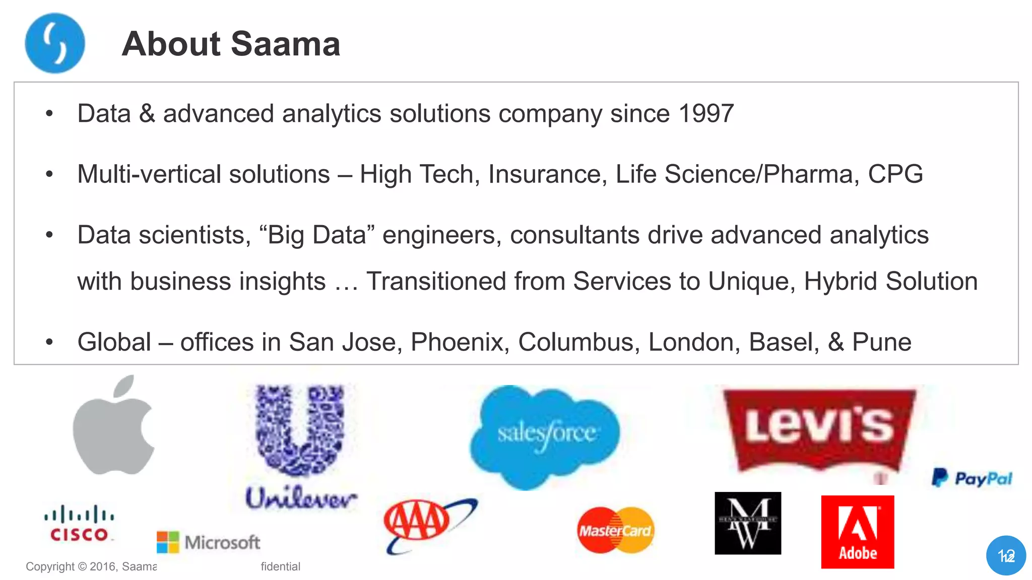 12
Copyright © 2016, Saama Technologies | Confidential
About Saama
12
• Data & advanced analytics solutions company since 1997
• Multi-vertical solutions – High Tech, Insurance, Life Science/Pharma, CPG
• Data scientists, “Big Data” engineers, consultants drive advanced analytics
with business insights … Transitioned from Services to Unique, Hybrid Solution
• Global – offices in San Jose, Phoenix, Columbus, London, Basel, & Pune
 