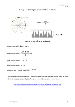Áreas e Perímetros
5.º ano
NPMATEB 2008/09
25
Dedução da fórmula para determinar a área do círculo:
Área do círculo = Área do rectângulo
Área do rectângulo = base x altura
Área do rectângulo =
Área do rectângulo =
Área do rectângulo =
Área do círculo = Área do rectângulo =
Como alternativa ou complemento, o endereço abaixo indicado pretende ilustrar como se pode
determinar a área de um círculo, transformando-o num triângulo com a mesma área:
http://www.labvirt.fe.usp.br/simulacoes/fisica/sim_geometria_areacirculo.htm
r
r
×
××
2
2 π
rr ××π
2
r×π
2
r×π
2
2 r××π
base =
Altura = r
 
