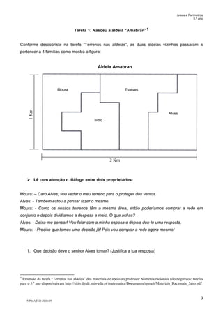 Áreas e Perímetros
5.º ano
NPMATEB 2008/09
9
Tarefa 1: Nasceu a aldeia “Amabran”1
Conforme descobriste na tarefa “Terrenos nas aldeias”, as duas aldeias vizinhas passaram a
pertencer a 4 famílias como mostra a figura:
Lê com atenção o diálogo entre dois proprietários:
Moura: – Caro Alves, vou vedar o meu terreno para o proteger dos ventos.
Alves: - Também estou a pensar fazer o mesmo.
Moura: - Como os nossos terrenos têm a mesma área, então poderíamos comprar a rede em
conjunto e depois dividíamos a despesa a meio. O que achas?
Alves: - Deixa-me pensar! Vou falar com a minha esposa e depois dou-te uma resposta.
Moura: - Preciso que tomes uma decisão já! Pois vou comprar a rede agora mesmo!
1. Que decisão deve o senhor Alves tomar? (Justifica a tua resposta)
1
Extensão da tarefa “Terrenos nas aldeias” dos materiais de apoio ao professor Números racionais não negativos: tarefas
para o 5.º ano disponíveis em http://sitio.dgidc.min-edu.pt/matematica/Documents/npmeb/Materiais_Racionais_5ano.pdf
Moura
Ilídio
Esteves
Alves
Aldeia Amabran
2 Km
1Km
 