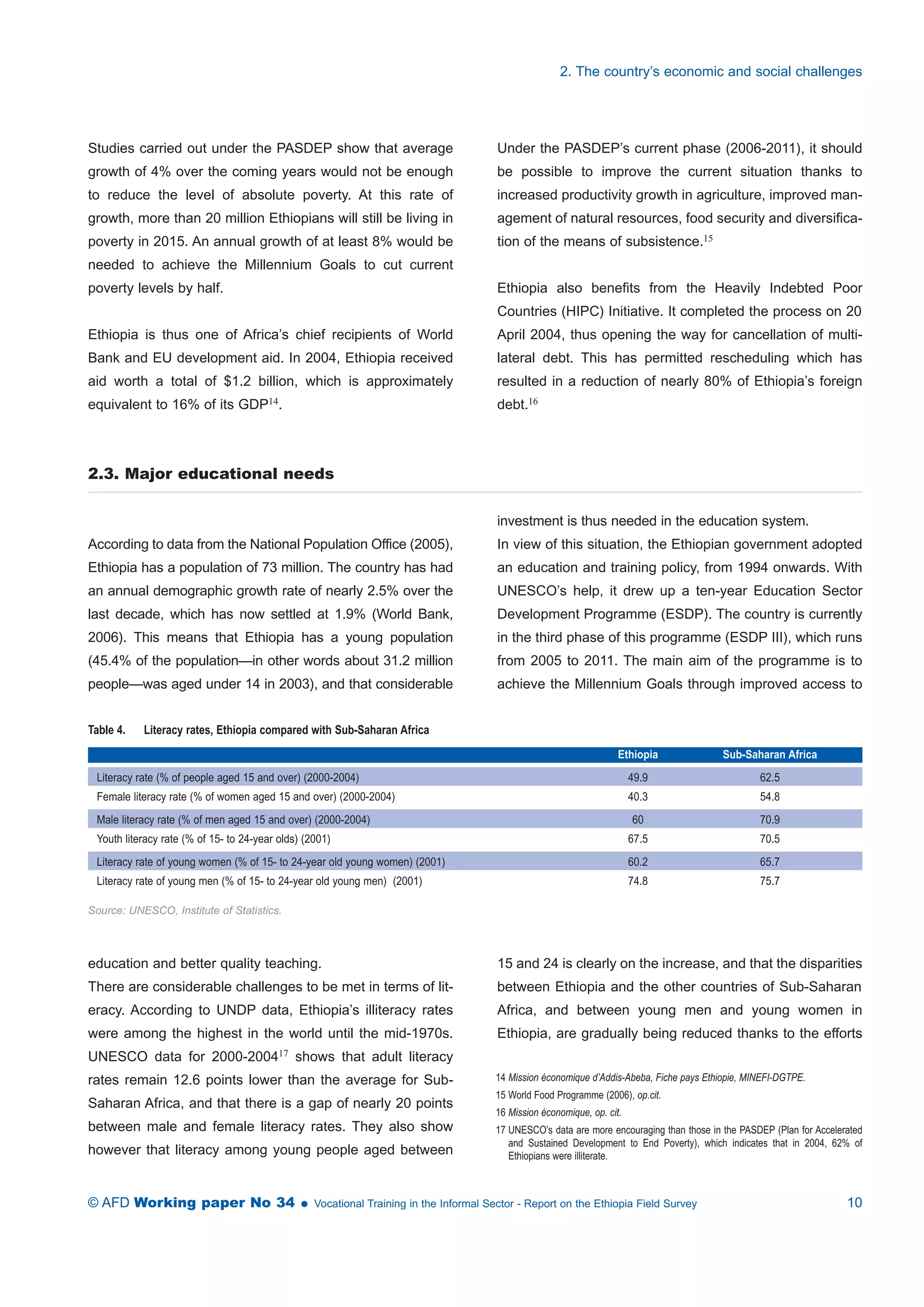 Studies carried out under the PASDEP show that average 
growth of 4% over the coming years would not be enough 
to reduce the level of absolute poverty. At this rate of 
growth, more than 20 million Ethiopians will still be living in 
poverty in 2015. An annual growth of at least 8% would be 
needed to achieve the Millennium Goals to cut current 
poverty levels by half. 
Ethiopia is thus one of Africa’s chief recipients of World 
Bank and EU development aid. In 2004, Ethiopia received 
aid worth a total of $1.2 billion, which is approximately 
equivalent to 16% of its GDP14. 
2. The country’s economic and social challenges 
Under the PASDEP’s current phase (2006-2011), it should 
be possible to improve the current situation thanks to 
increased productivity growth in agriculture, improved man-agement 
of natural resources, food security and diversifica-tion 
of the means of subsistence.15 
Ethiopia also benefits from the Heavily Indebted Poor 
Countries (HIPC) Initiative. It completed the process on 20 
April 2004, thus opening the way for cancellation of multi-lateral 
debt. This has permitted rescheduling which has 
resulted in a reduction of nearly 80% of Ethiopia’s foreign 
debt.16 
2.3. Major educational needs 
According to data from the National Population Office (2005), 
Ethiopia has a population of 73 million. The country has had 
an annual demographic growth rate of nearly 2.5% over the 
last decade, which has now settled at 1.9% (World Bank, 
2006). This means that Ethiopia has a young population 
(45.4% of the population—in other words about 31.2 million 
people—was aged under 14 in 2003), and that considerable 
investment is thus needed in the education system. 
In view of this situation, the Ethiopian government adopted 
an education and training policy, from 1994 onwards. With 
UNESCO’s help, it drew up a ten-year Education Sector 
Development Programme (ESDP). The country is currently 
in the third phase of this programme (ESDP III), which runs 
from 2005 to 2011. The main aim of the programme is to 
achieve the Millennium Goals through improved access to 
Table 4. Literacy rates, Ethiopia compared with Sub-Saharan Africa 
Ethiopia Sub-Saharan Africa 
Literacy rate (% of people aged 15 and over) (2000-2004) 49.9 62.5 
Female literacy rate (% of women aged 15 and over) (2000-2004) 40.3 54.8 
Male literacy rate (% of men aged 15 and over) (2000-2004) 60 70.9 
Youth literacy rate (% of 15- to 24-year olds) (2001) 67.5 70.5 
Literacy rate of young women (% of 15- to 24-year old young women) (2001) 60.2 65.7 
Literacy rate of young men (% of 15- to 24-year old young men) (2001) 74.8 75.7 
Source: UNESCO, Institute of Statistics. 
education and better quality teaching. 
There are considerable challenges to be met in terms of lit-eracy. 
According to UNDP data, Ethiopia’s illiteracy rates 
were among the highest in the world until the mid-1970s. 
UNESCO data for 2000-200417 shows that adult literacy 
rates remain 12.6 points lower than the average for Sub- 
Saharan Africa, and that there is a gap of nearly 20 points 
between male and female literacy rates. They also show 
however that literacy among young people aged between 
15 and 24 is clearly on the increase, and that the disparities 
between Ethiopia and the other countries of Sub-Saharan 
Africa, and between young men and young women in 
Ethiopia, are gradually being reduced thanks to the efforts 
14 Mission économique d’Addis-Abeba, Fiche pays Ethiopie, MINEFI-DGTPE. 
15 World Food Programme (2006), op.cit. 
16 Mission économique, op. cit. 
17 UNESCO’s data are more encouraging than those in the PASDEP (Plan for Accelerated 
and Sustained Development to End Poverty), which indicates that in 2004, 62% of 
Ethiopians were illiterate. 
© AFD Working paper No 34  Vocational Training in the Informal Sector - Report on the Ethiopia Field Survey 10 
 