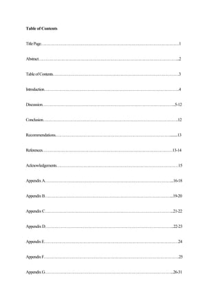 Table of Contents
TitlePage1
Abstract...2
TableofContents3
Introduction.4
Discussion...5-12
Conclusion.12
Recommendations..........13
References13-14
Acknowledgements15
AppendixA...16-18
Appendix B...19-20
Appendix C...21-22
Appendix D...22-23
AppendixE24
AppendixF.25
AppendixG...26-31
 