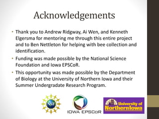 Acknowledgements
• Thank you to Andrew Ridgway, Ai Wen, and Kenneth
Elgersma for mentoring me through this entire project
and to Ben Nettleton for helping with bee collection and
identification.
• Funding was made possible by the National Science
Foundation and Iowa EPSCoR.
• This opportunity was made possible by the Department
of Biology at the University of Northern Iowa and their
Summer Undergradate Research Program.
 