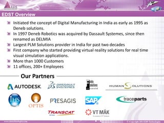 EDST Overview Initiated the concept of Digital Manufacturing in India as early as 1995 as Deneb solutions. In 1997 Deneb Robotics was acquired by Dassault Systemes, since then renamed as DELMIA Largest PLM Solutions provider in India for past two decades First company who started providing virtual reality solutions for real time visual simulation applications. More than 1000 Customers 11 offices, 200+ Employees 
Our Partners  