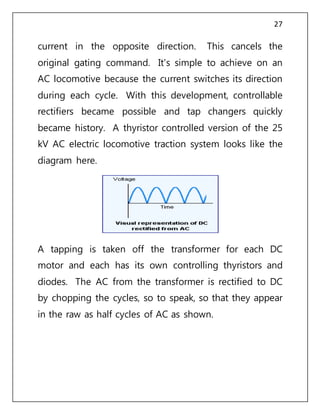 27
current in the opposite direction. This cancels the
original gating command. It's simple to achieve on an
AC locomotive because the current switches its direction
during each cycle. With this development, controllable
rectifiers became possible and tap changers quickly
became history. A thyristor controlled version of the 25
kV AC electric locomotive traction system looks like the
diagram here.
A tapping is taken off the transformer for each DC
motor and each has its own controlling thyristors and
diodes. The AC from the transformer is rectified to DC
by chopping the cycles, so to speak, so that they appear
in the raw as half cycles of AC as shown.
 