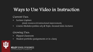Ways to Use Video in Instruction
Current Uses:
• Lecture Capture
(study resources & instructional improvement)
• Course Modules (online ed.) & Topic-focused mini-lectures
Growing Uses:
• Flipped Classroom
• Student portfolio (assignments or in-class)
 