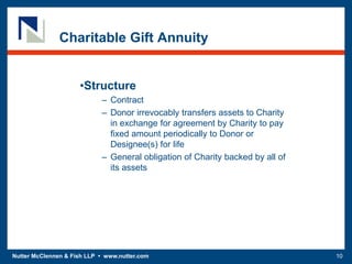 Nutter McClennen & Fish LLP • www.nutter.com 10
Charitable Gift Annuity
•Structure
– Contract
– Donor irrevocably transfers assets to Charity
in exchange for agreement by Charity to pay
fixed amount periodically to Donor or
Designee(s) for life
– General obligation of Charity backed by all of
its assets
 