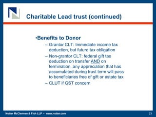 Nutter McClennen & Fish LLP • www.nutter.com 23
Charitable Lead trust (continued)
•Benefits to Donor
– Grantor CLT: Immediate income tax
deduction, but future tax obligation
– Non-grantor CLT: federal gift tax
deduction on transfer AND on
termination, any appreciation that has
accumulated during trust term will pass
to beneficiaries free of gift or estate tax
– CLUT if GST concern
 