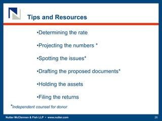 Nutter McClennen & Fish LLP • www.nutter.com 26
Tips and Resources
•Determining the rate
•Projecting the numbers *
•Spotting the issues*
•Drafting the proposed documents*
•Holding the assets
•Filing the returns
*Independent counsel for donor
 