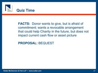 Nutter McClennen & Fish LLP • www.nutter.com 27
Quiz Time
FACTS: Donor wants to give, but is afraid of
commitment; wants a revocable arrangement
that could help Charity in the future, but does not
impact current cash flow or asset picture
PROPOSAL: BEQUEST
 