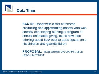 Nutter McClennen & Fish LLP • www.nutter.com 31
Quiz Time
FACTS: Donor with a mix of income
producing and appreciating assets who was
already considering starting a program of
annual charitable giving, but is now also
thinking about how best to pass assets onto
his children and grandchildren
PROPOSAL: NON-GRANTOR CHARITABLE
LEAD UNITRUST
 