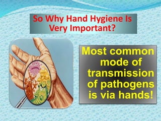 So Why Hand Hygiene Is
Very Important?
Most common
mode of
transmission
of pathogens
is via hands!
 