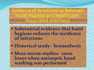 Evidence of Relationship Between
Hand Hygiene and Healthcare-
Associated Infections
 Substantial evidence that hand
hygiene reduces the incidence
of infections
 Historical study: Semmelweis
 More recent studies: rates
lower when antiseptic hand
washing was performed
 