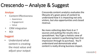 Crescendo – Analyze & Suggest
Analyze
• Content Effectiveness
– Awareness
– Engagement
– Value
• CRM integration
• ROI
Cre...