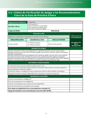 Diagnóstico y tratamiento de conjuntivitis en el primer nivel de atención
39
5.5. Cédula de Verificación de Apego a las Recomendaciones
Clave de la Guía de Práctica Clínica
Diagnóstico(s) Clínico(s): Conjuntivitis
CIE-9-MC / CIE-10
H10 Conjuntivitis
H10.0 Conjuntivitis mucopurulenta
H10.1 Conjuntivitis atópica aguda
H10.2 Otras conjuntivitis agudas
Código del CMGPC: IMSS-035-08
TÍTULO DE LA GPC
Calificación de las
recomendaciones
Diagnóstico y tratamiento de conjuntivitis en el primer nivel de atención
POBLACIÓN BLANCO USUARIOS DE LA GUÍA NIVEL DE ATENCIÓN
Todas las edades
4.13. Médicos generales
4.14. Médicos familiares
Primer nivel de atención
(Cumplida: SI=1,
NO=0,
No Aplica=NA)
DIAGNÓSTICO CLÍNICO
Describe características clínicas para diagnóstico de conjuntivitis bacteriana: ojo rojo, prurito, edema
palpebral, sensación de cuerpo extraño, fotofobia, ganglios preauriculares, quemosis, papilas, hemorragias y
secreción mucopurulenta
Describe características clínicas para diagnóstico de conjuntivitis alérgica: ojo rojo, prurito, ardor, lagrimeo
sensación de cuerpo extraño, fotofobia, secreción mucosa, perdida de pestañas, pigmento perilimbico,
Describe características clínicas para diagnóstico de conjuntivitis mecánica-irritativa: prurito, dolor, fotofobia,
lagrimeo y sensación de cuerpo extraño, ojo rojo, lagrimeo, fotofobia, antecedente de riesgo
TRATAMIENTO FARMACOLÓGICO
En conjuntivitis bacteriana inicia antibiótico tópico durante 7 días
En caso de persistir conjuntivitis después del primer tratamiento realiza cultivo de secreción conjuntival y
ajusta tratamiento de acuerdo al reporte
Conjuntivitis alérgica: cromoglicato de sodio, prednisolona (máximo 4 días) loratadina o montelukast
Conjuntivitis irritativa o mecánica: hipromelosa 0.5%, lubricantes y compresas de agua fría
CRITERIOS DE EVALUACIÓN
Total de recomendaciones cumplidas (1)
Total de recomendaciones no cumplidas (0)
Total de recomendaciones que no aplican al caso evaluado (NA)
Total de recomendaciones que aplican al caso evaluado
Porcentaje de cumplimiento de las recomendaciones evaluadas (%)
Apego del expediente a las recomendaciones clave de la GPC (SI/NO)
 