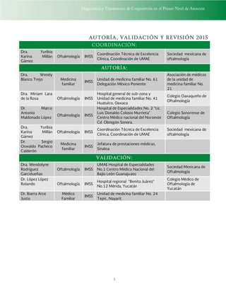Diagnóstico y Tratamiento de Conjuntivitis en el Primer Nivel de Atención
5
AUTORÍA, VALIDACIÓN Y REVISIÓN 2015
COORDINACIÓN:
Dra. Yuribia
Karina Millán
Gámez
Oftalmología IMSS
Coordinación Técnica de Excelencia
Clínica, Coordinación de UMAE
Sociedad mexicana de
oftalmología
AUTORÍA:
Dra. Wendy
Blanco Trejo Medicina
familiar
IMSS
Unidad de medicina familiar No. 61
Delegación México Poniente
Asociación de médicos
de la unidad de
medicina familiar No.
21
Dra. Miriam Lara
de la Rosa Oftalmología IMSS
Hospital general de sub-zona y
Unidad de medicina familiar No. 41
Huatulco, Oaxaca
Colegio Oaxaqueño de
Oftalmología
Dr. Marco
Antonio
Maldonado López
Oftalmología IMSS
Hospital de Especialidades No. 2 “Lic.
Luis Donaldo Colosio Murrieta”
Centro Médico nacional del Noroeste
Cd. Obregón Sonora.
Colegio Sonorense de
Oftalmología
Dra. Yuribia
Karina Millán
Gámez
Oftalmología IMSS
Coordinación Técnica de Excelencia
Clínica, Coordinación de UMAE
Sociedad mexicana de
oftalmología
Dr. Sergio
Oswaldo Pacheco
Calderón
Medicina
familiar
IMSS
Jefatura de prestaciones médicas,
Sinaloa
VALIDACIÓN:
Dra. Wendolyne
Rodríguez
Garcidueñas
Oftalmología IMSS
UMAE Hospital de Especialidades
No.1 Centro Médico Nacional del
Bajío León Guanajuato
Sociedad Mexicana de
Oftalmología
Dr. López López
Rolando Oftalmología IMSS
Hospital regional “Benito Juárez”
No.12 Mérida, Yucatán
Colegio Médico de
Oftalmología de
Yucatán
Dr. Ibarra Arce
Justo
Médico
Familiar
IMSS
Unidad de medicina familiar No. 24
Tepic, Nayarit
 