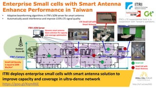 ITRI deploys enterprise small cells with smart antenna solution to
improve capacity and coverage in ultra-dense network
https://goo.gl/KqmR6E http://scf.io/case/035
Dynamic smart antenna
beam selection for capacity
and coverage optimization
• Adaptive beamforming algorithms in ITRI’s SON server for smart antenna
• Automatically avoid interference and improve 133% LTE signal quality
Outdoor
Macro BS
LTE Small Cell with
Smart Antenna
ITRI’s Campus
Meeting Room
Corridor
Office
Hallway
Corridor
Corridor
Meeting RoomOffice
Hallway
Enterprise Small cells with Smart Antenna
Enhance Performance in Taiwan
Small Cell
ITRI’s SON Server
Small Cell with
Smart Antenna
104m
26mSmall Cell Density
is equal to 2200
BSs/Km2
ITRI’s LTE experimental field is in
cooperation with Taiwan’s operators.
 