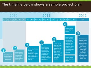 The timeline below shows a sample project plan Lorem ipsum dolor sit amet consectetur apidiscing. Lorem ipsum dolor sit am...