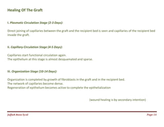 Jаffaя яaza Syзd Page 14
Healing Of The Graft
I. Plasmatic Circulation Stage (2-3 Days):
Direct joining of capillaries between the graft and the recipient bed is seen and capillaries of the recipient bed
invade the graft.
Ii. Capillary Circulation Stage (4-5 Days):
Capillaries start functional circulation again.
The epithelium at this stage is almost desquamated and sparse.
Iii. Organization Stage (10-14 Days):
Organization is completed by growth of fibroblasts in the graft and in the recipient bed.
The network of capillaries become dense.
Regeneration of epithelium becomes active to complete the epithelialization
(wound healing is by secondary intention)
 