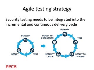 Agile testing strategy
Security testing is not a separate step anymore:
- follow at least the risks identified in the agil...