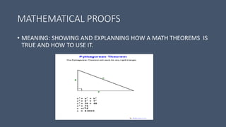 MATHEMATICAL PROOFS
• MEANING: SHOWING AND EXPLANNING HOW A MATH THEOREMS IS
TRUE AND HOW TO USE IT.
 