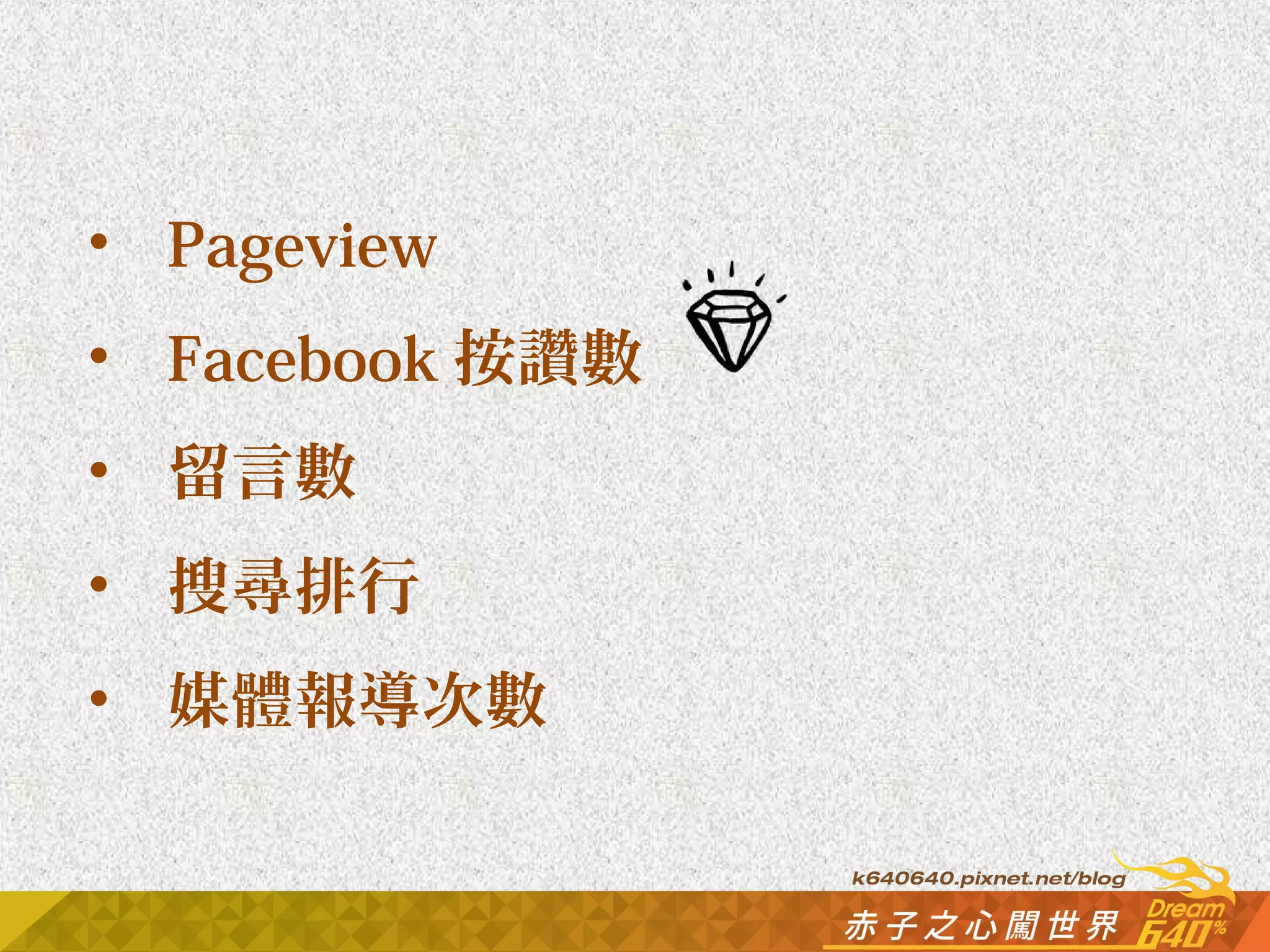 • Pageview 
• Facebook按讚數 
• 留言數 
• 搜尋排行 
• 媒體報導次數 
 